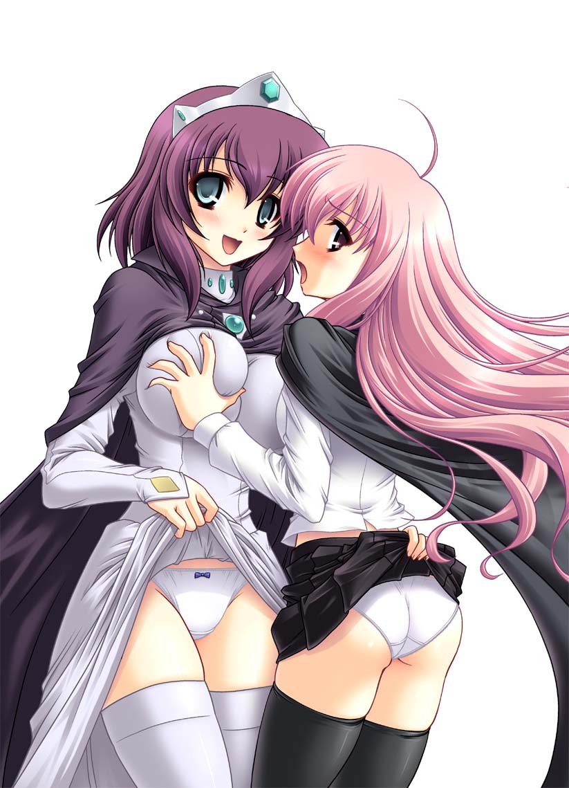 abu, henrietta de tristain, louise francoise le blanc de la valliere, zero no tsukaima, 00s, 2girls, age difference, ahoge, ass, breasts, clothes lift, grabbing another's breast, groping, loli, long hair, multiple girls, onee-loli, panties, pantyshot, pink hair, purple hair, skirt, skirt lift, thighhighs, tiara, underwear, very long hair, yuri, zettai ryouiki