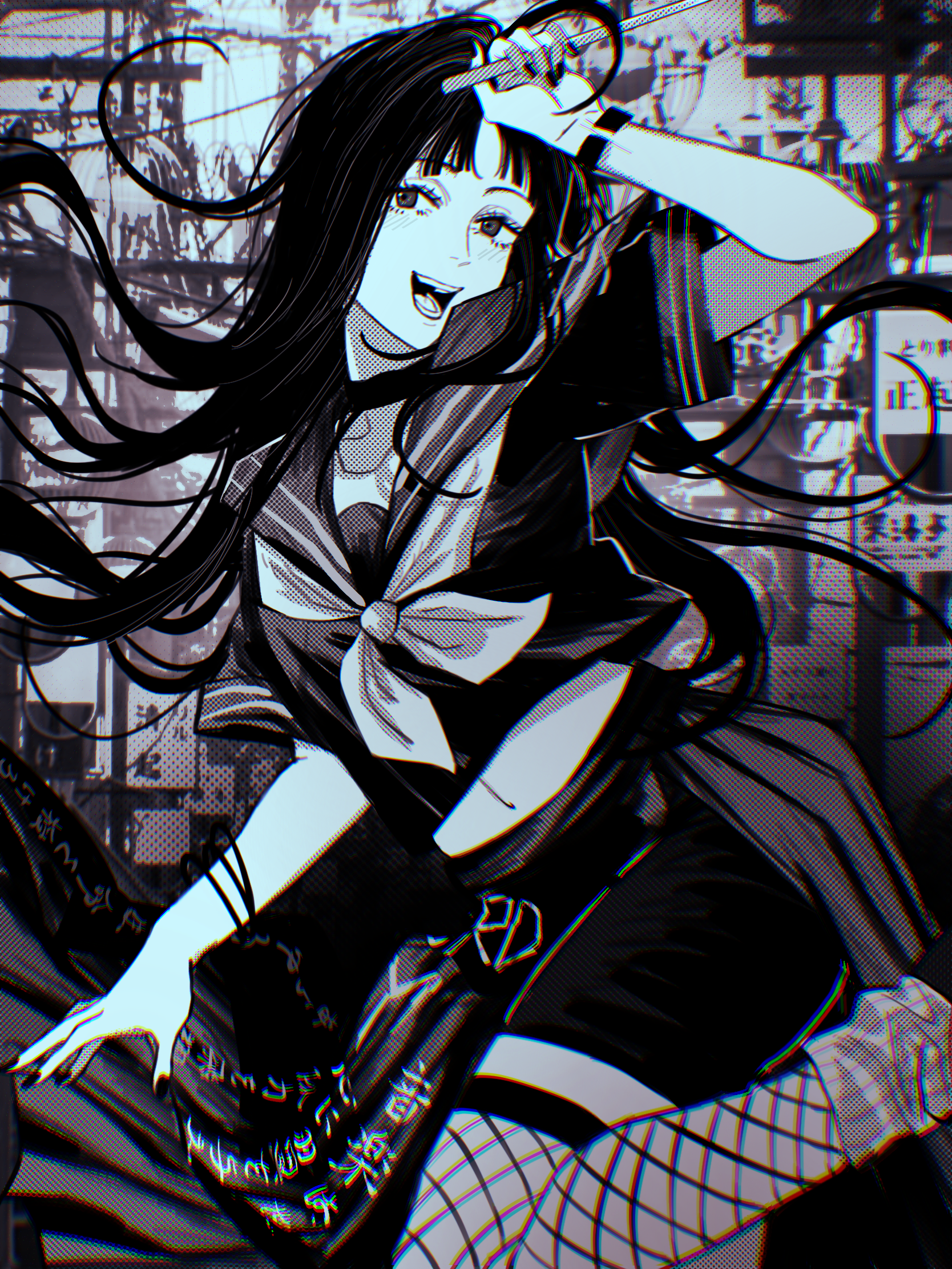 awa subaru, girls band cry, commission, highres, second-party source, 1girl, ascot, blunt bangs, collarbone, fishnet thighhighs, fishnets, fujimoto tatsuki (style), greyscale, holding, holding staff, long hair, looking at viewer, monochrome, nail polish, navel, open mouth, parted bangs, puffy short sleeves, puffy sleeves, sailor collar, school uniform, short sleeves, smile, solo, staff, thighhighs, user kkux7724