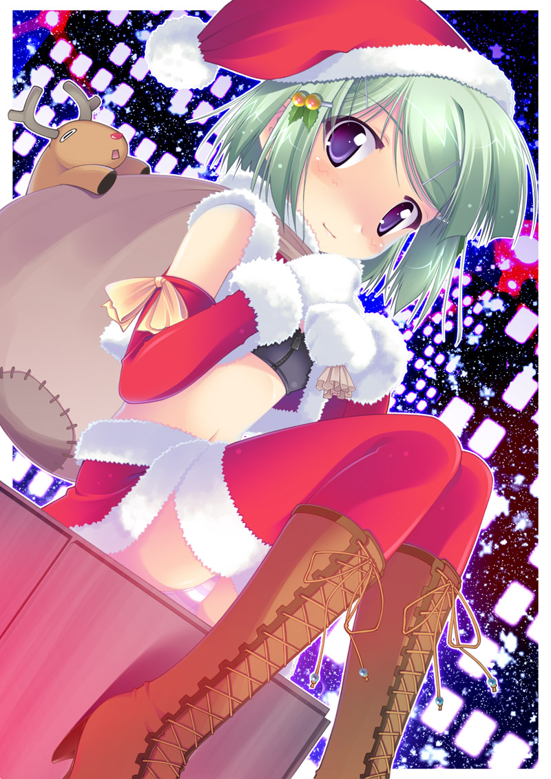 simk, yamabuki zarame, original, 1girl, blush, boots, brown boots, christmas, dutch angle, elbow gloves, female focus, gloves, green hair, hair ornament, hairclip, hat, holly, holly hair ornament, knee boots, lace-up boots, looking at viewer, midriff, panties, pantyshot, purple eyes, reindeer, sack, santa costume, santa hat, sitting, skirt, smile, solo, striped clothes, striped panties, thighhighs, underwear, zettai ryouiki, zipper