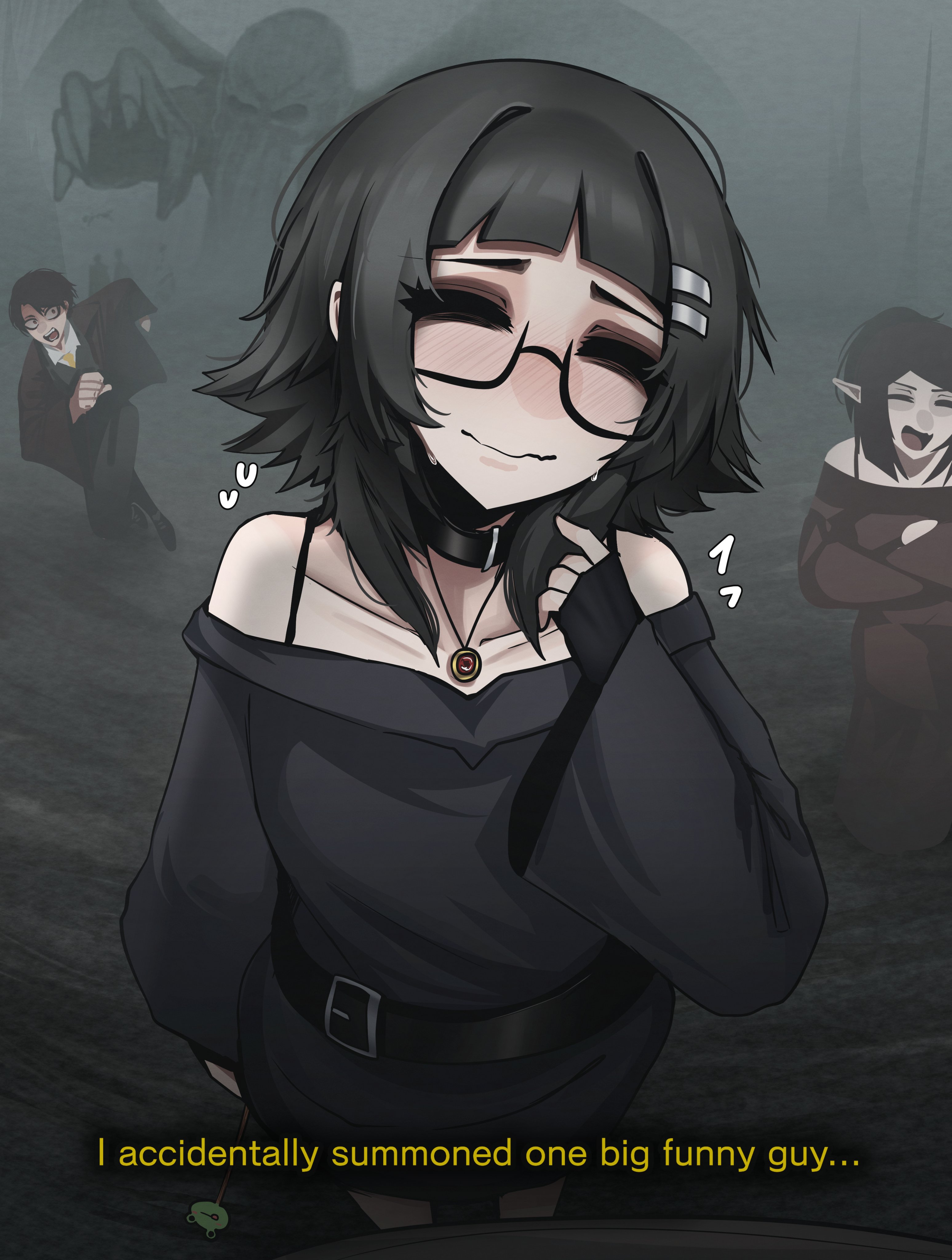 mikuneki, riyo kaede (mikuneki), original, absurdres, commentary, english commentary, highres, 1girl, arched bangs, bare shoulders, belt, belt buckle, black-framed eyewear, black belt, black choker, black gloves, black hair, black shirt, blush, buckle, choker, closed eyes, closed mouth, collarbone, cowboy shot, english text, facing viewer, fingerless gloves, glasses, gloves, grey background, hair ornament, hairclip, hand up, index finger raised, long sleeves, medium hair, monster, parallel hairclips, people, pointy ears, semi-rimless eyewear, shirt, solo focus, subtitled, sweat, under-rim eyewear, wavy mouth, wide sleeves