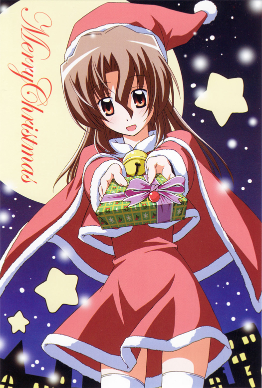 hata kenjirou, maria (hayate no gotoku!), hayate no gotoku!, 00s, 1girl, brown eyes, brown hair, christmas, female focus, gift, hat, holding, holding gift, santa costume, santa hat, solo, star (symbol), thighhighs, zettai ryouiki