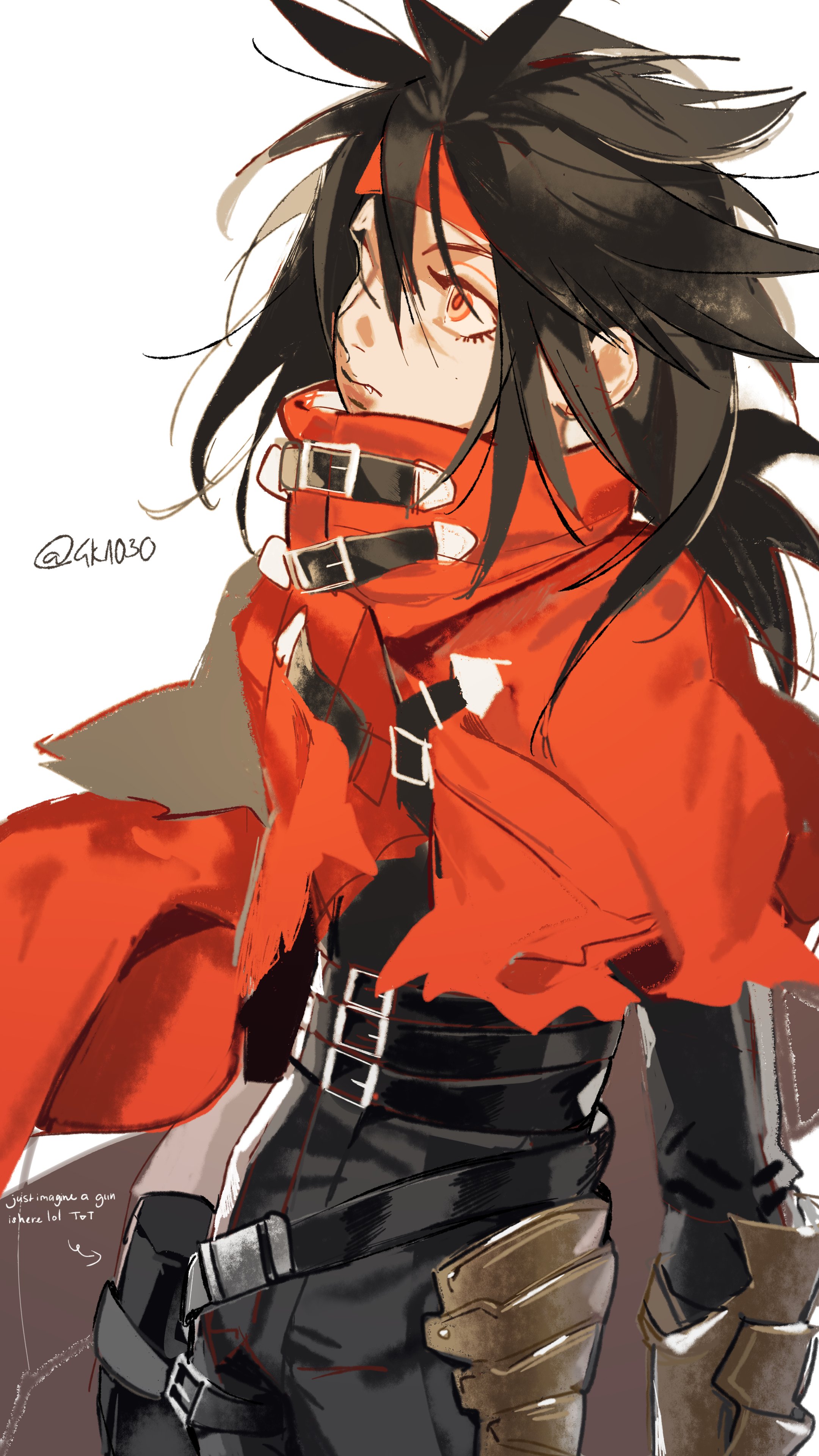 4k1030, vincent valentine, final fantasy, final fantasy vii, final fantasy vii rebirth, final fantasy vii remake, absurdres, highres, 1boy, belt, belt buckle, black hair, black pants, buckle, cape, cloak, closed mouth, cowboy shot, english text, fang, gauntlets, hair between eyes, headband, long hair, male focus, multiple belts, pants, red cape, red cloak, red eyes, red headband, single gauntlet, solo, spiked hair, twitter username, upper body
