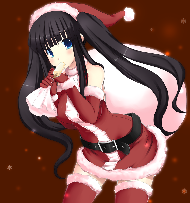 1girl, black hair, blue eyes, christmas, dress, female focus, food, long hair, popsicle, santa costume, santa dress, solo, thighhighs, zettai ryouiki