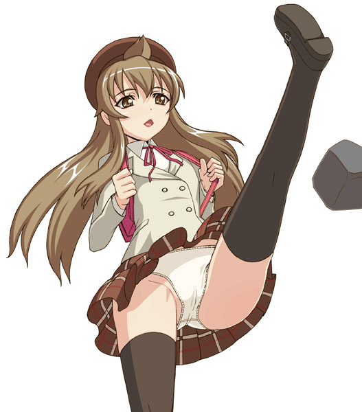 caryo, nanashino, minami chiaki, minami-ke, 00s, 1girl, ahoge, bag, brown eyes, brown hair, female focus, hat, high kick, kicking, long hair, miniskirt, panties, pantyshot, school bag, school uniform, serafuku, skirt, solo, thighhighs, underwear, upskirt