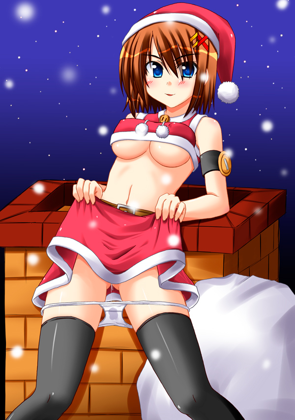 lask, yagami hayate, lyrical nanoha, mahou shoujo lyrical nanoha, mahou shoujo lyrical nanoha strikers, 00s, 1girl, blue eyes, blush, breasts, christmas, clothes lift, cum, female focus, hair ornament, hat, large breasts, panties, panty pull, santa costume, santa hat, skirt, skirt lift, solo, thighhighs, underboob, underwear, wet, wet clothes, wet panties, x hair ornament