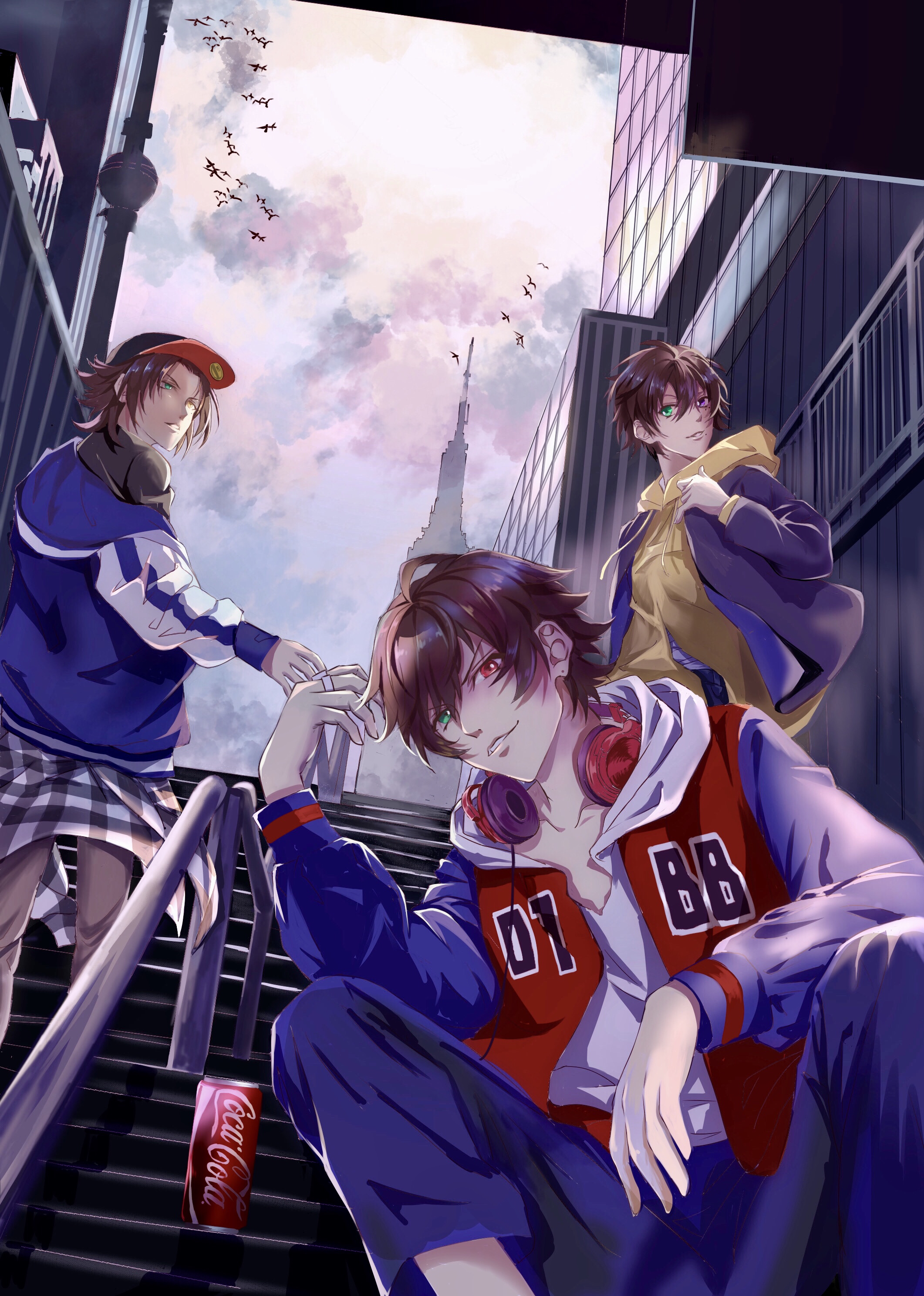 yamada ichiro, yamada jiro, yamada saburo, hypnosis mic, absurdres, highres, 3boys, adjusting clothes, ass (pixiv 39703734), baseball cap, black hat, black jacket, blue eyes, blue jacket, blue pants, brothers, brown hair, building, buster bros!!!, cable, city, clothes around waist, cloud, cloudy sky, collarbone, day, elbows on knees, expressionless, feet out of frame, fingernails, flock, grey jacket, grey pants, grey sleeves, hair between eyes, hand on railing, hat, head tilt, headphones, headphones around neck, heterochromia, hood, hood down, hoodie, jacket, jacket around waist, jersey, long sleeves, male focus, multiple boys, outdoors, pants, parted lips, plaid clothes, plaid jacket, puffy long sleeves, puffy sleeves, railing, red eyes, red jacket, short hair, siblings, simple bird, sky, skyscraper, smirk, squatting, stairs, standing, walking, white hoodie, white sleeves, yellow hoodie