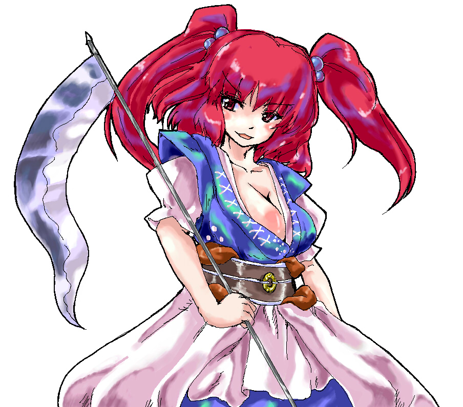 sayuu hanten, onozuka komachi, touhou, 1girl, breasts, cleavage, female focus, medium breasts, scythe, simple background, solo, twintails, two side up