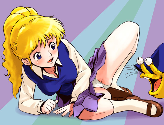 haruyama kazunori, anne hopkins, samia don, onegai! samia don, 1980s (style), 1girl, 80s, blonde hair, blue eyes, female focus, happy, oldschool, panties, pantyshot, ponytail, retro artstyle, snail, solo, underwear, upskirt, vest
