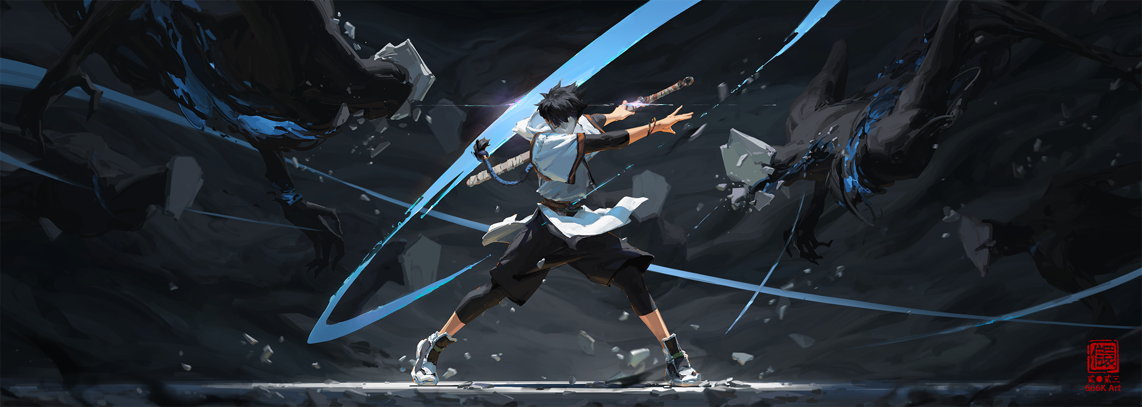 kan liu (666k), original, highres, mixed-language commentary, 1boy, belt, black hair, black shorts, blood, blue blood, bracelet, chinese clothes, cracked mask, floating, floating hair, holding, holding sword, holding weapon, incoming attack, jewelry, light trail, long hair, mask, monster, ponytail, scenery, sheath, sheathed, shoes, shorts, sneakers, sword, weapon, white mask, white shoes