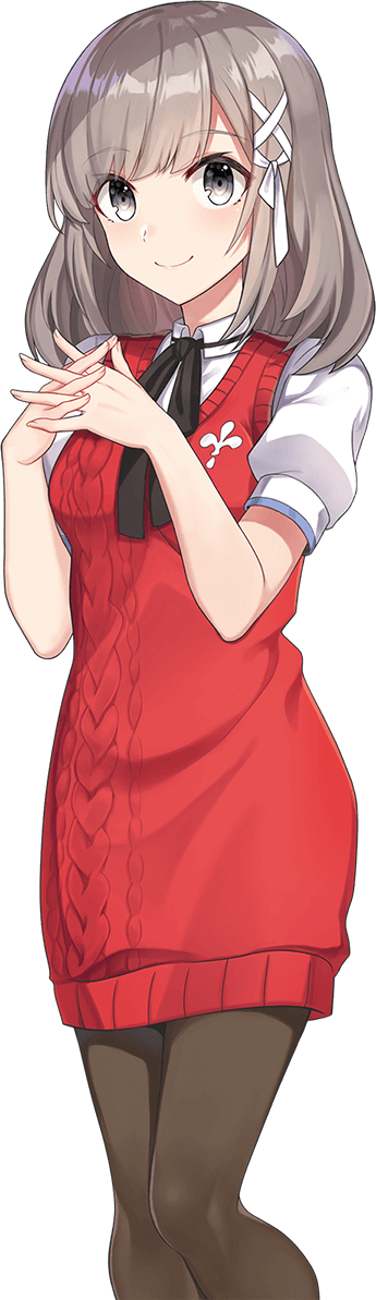 shirako miso, mutsuishi haruna, cue!, official art, 1girl, black pantyhose, black ribbon, bow, breasts, brown hair, closed mouth, collared shirt, cowboy shot, dress, grey eyes, hair bow, looking at viewer, medium breasts, medium hair, pantyhose, puffy short sleeves, puffy sleeves, red sweater, ribbon, shirt, short sleeves, simple background, smile, solo, standing, sweater, sweater dress, tachi-e, transparent background, white ribbon