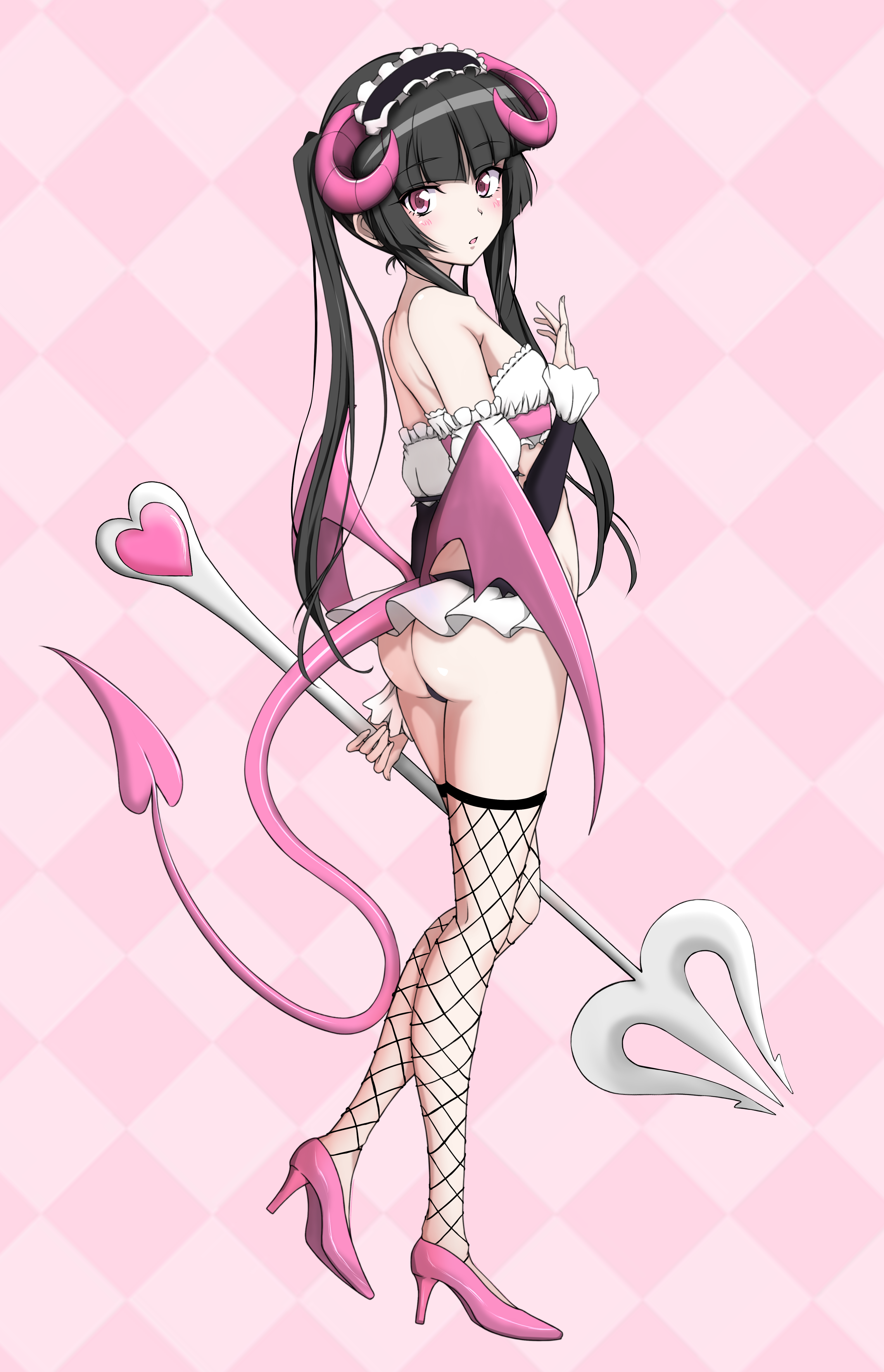 kirakiriya, tsukuyomi shirabe, senki zesshou symphogear, absurdres, bad source, highres, 1girl, ass, black hair, blunt bangs, blush, breasts, demon girl, demon horns, demon tail, fishnet thighhighs, fishnets, from behind, high heels, horns, looking at viewer, looking back, maid headdress, microskirt, pink eyes, polearm, shiny skin, single thighhigh, skirt, small breasts, solo, standing, tail, thighhighs, trident, twintails, weapon