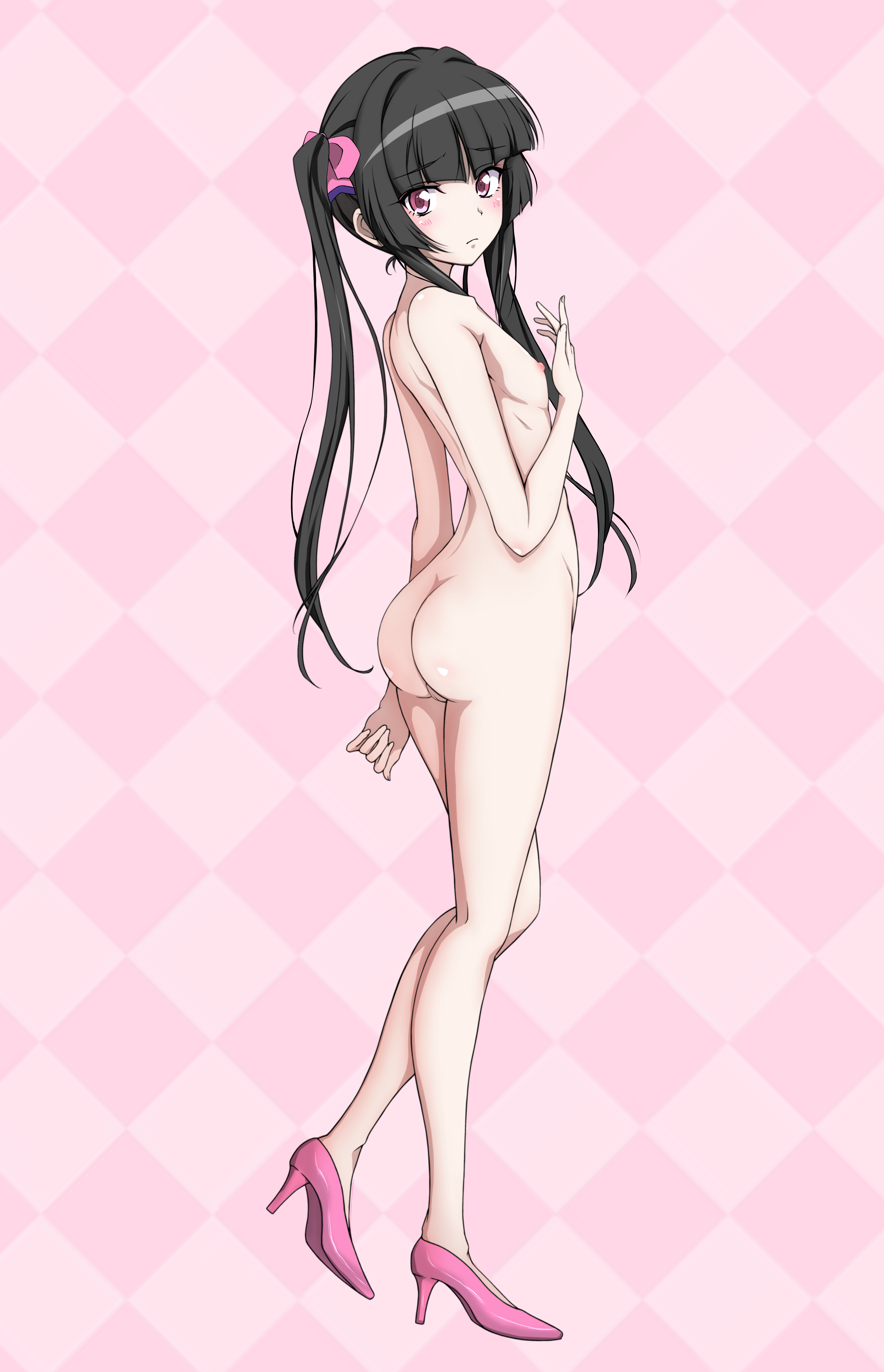 kirakiriya, tsukuyomi shirabe, senki zesshou symphogear, absurdres, bad source, highres, 1girl, ass, black hair, blunt bangs, blush, breasts, completely nude, demon girl, demon horns, demon tail, from behind, high heels, horns, looking at viewer, looking back, nipples, nude, pink eyes, pussy, shiny skin, small breasts, solo, standing, tail, twintails