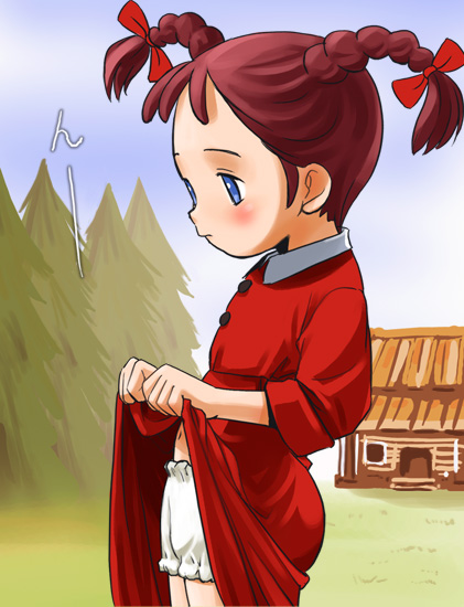 haruyama kazunori, laura (sougen no shoujo laura), sougen no shoujo laura, 1970s (style), bloomers, braid, clothes lift, loli, oldschool, retro artstyle, skirt, skirt lift, solo, twin braids, underwear, white bloomers
