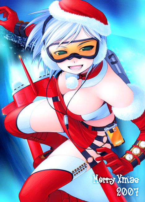 noise (tsuzuki), original, 1girl, breasts, christmas, cleavage, female focus, goggles, outdoors, santa costume, solo, thighhighs