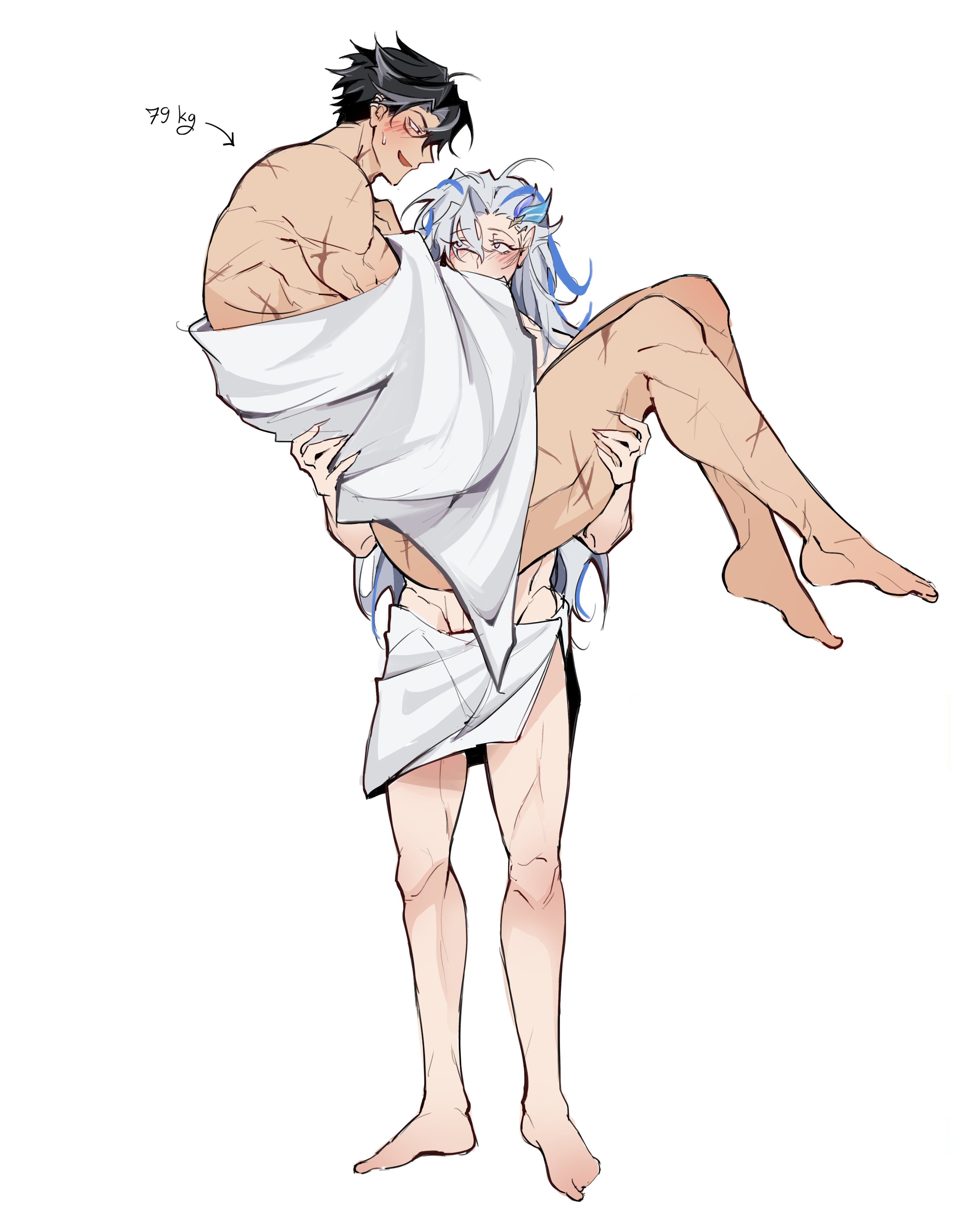 neuvillette (genshin impact), wriothesley (genshin impact), genshin impact, absurdres, commentary, hashtag-only commentary, highres, 2boys, black hair, blue hair, blush, carrying, carrying person, grey hair, looking at another, male focus, multicolored hair, multiple boys, naked towel, nervous sweating, oceaniemid, pointy ears, princess carry, scar, scar on leg, scar on shoulder, scars all over, smile, standing, streaked hair, sweat, too many, towel, white hair, yaoi