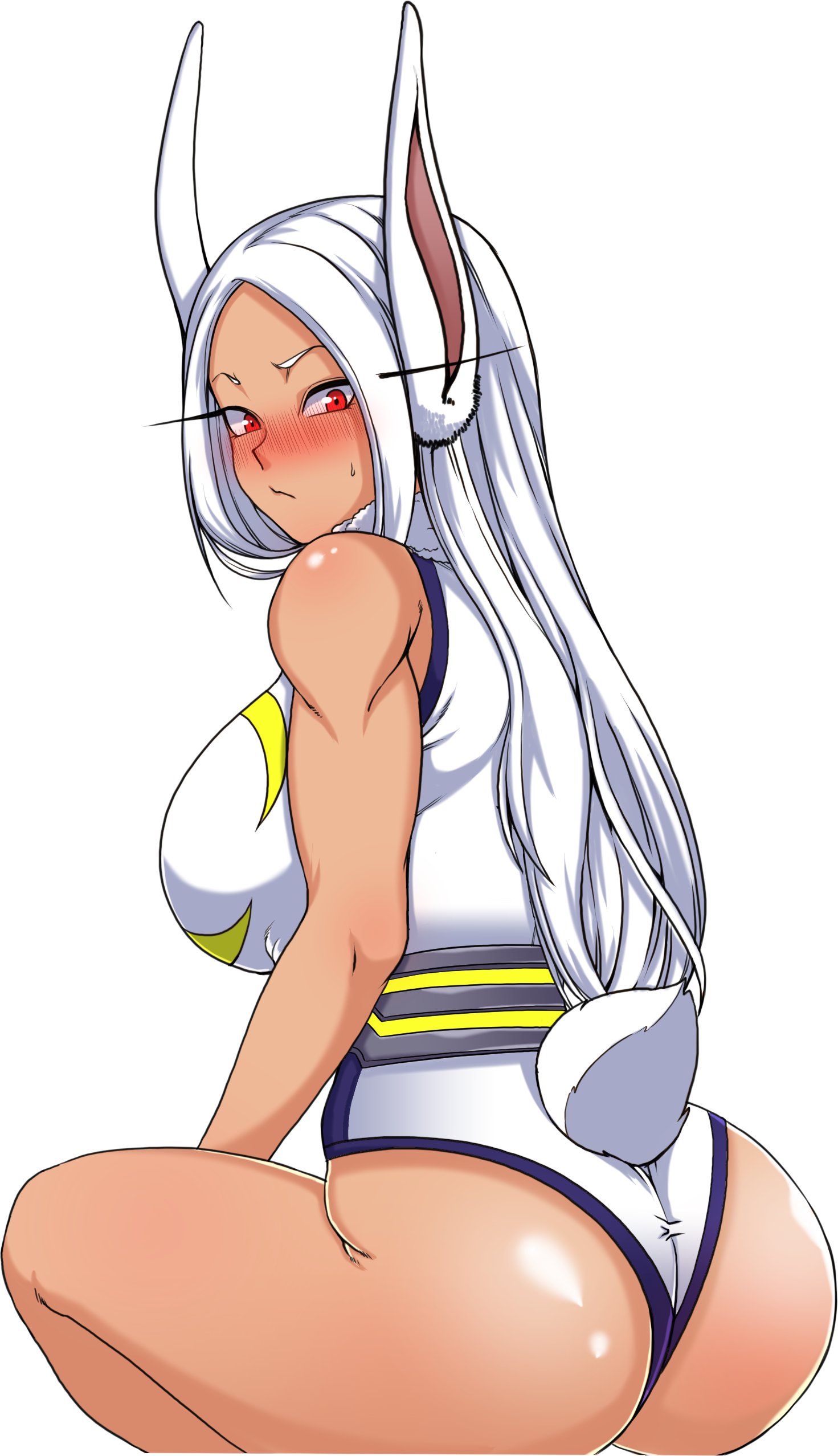 smallsoud, mirko, boku no hero academia, absurdres, highres, 1girl, :/, animal ears, ass, bare shoulders, blush, breasts, clothing cutout, crescent print, dark-skinned female, dark skin, from behind, fur collar, highleg, highleg leotard, large breasts, leotard, long eyelashes, long hair, looking at viewer, looking back, parted bangs, rabbit ears, rabbit girl, rabbit tail, raised eyebrows, red eyes, simple background, solo, squatting, sweatdrop, tail, tail through clothes, thighs, toned, toned female, very long hair, white background, white hair, white leotard