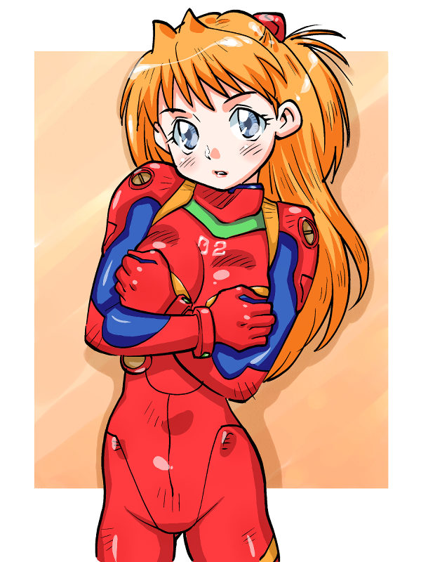 ikurumi kaoru, souryuu asuka langley, neon genesis evangelion, breast hold, 1girl, bracer, breasts, breasts squeezed together, covering breasts, covering privates, cowboy shot, female focus, gradient background, mecha pilot suit, medium breasts, orange background, outside border, plugsuit (evangelion), solo, standing, two side up