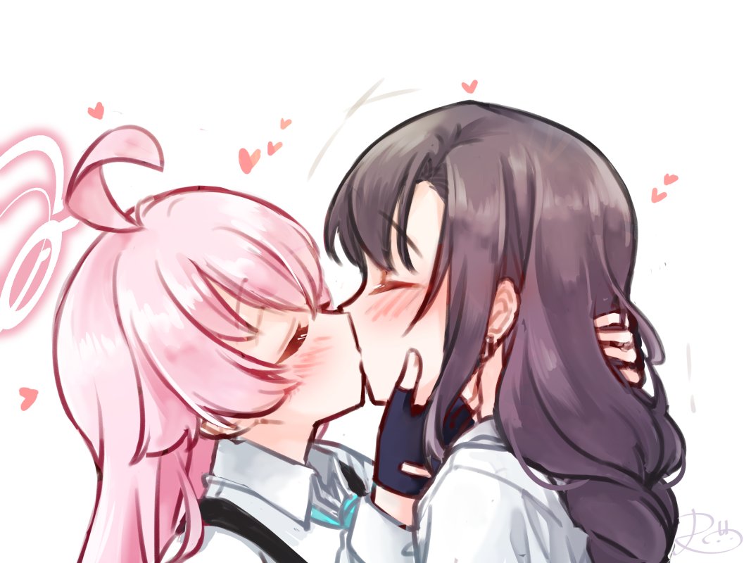 rarasa (rarasa), female sensei (blue archive), hoshino (blue archive), sensei (blue archive), blue archive, 2girls, ahoge, black gloves, black hair, blue necktie, blush, collared shirt, fingerless gloves, from side, gloves, halo, hand on another's face, heart, kiss, long hair, multiple girls, necktie, pink hair, pink halo, shirt, simple background, white background, white shirt, yuri