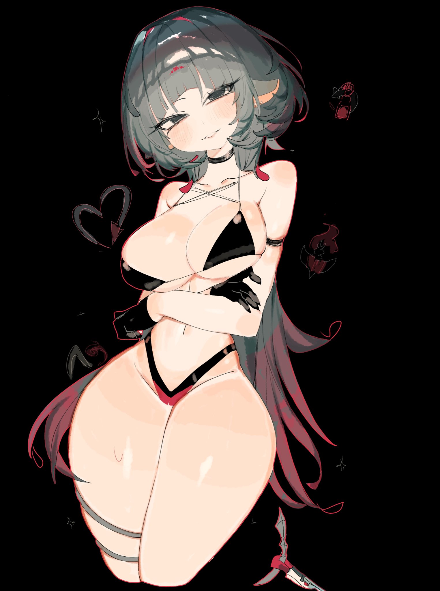 usa37107692, jane doe (zenless zone zero), zenless zone zero, highres, 1girl, animal ears, bikini, black hair, breasts, gloves, green eyes, large breasts, long hair, long tail, looking at viewer, mouse ears, mouse girl, mouse tail, multicolored hair, red hair, sharp tail, smile, solo, swimsuit, tail, thighhighs