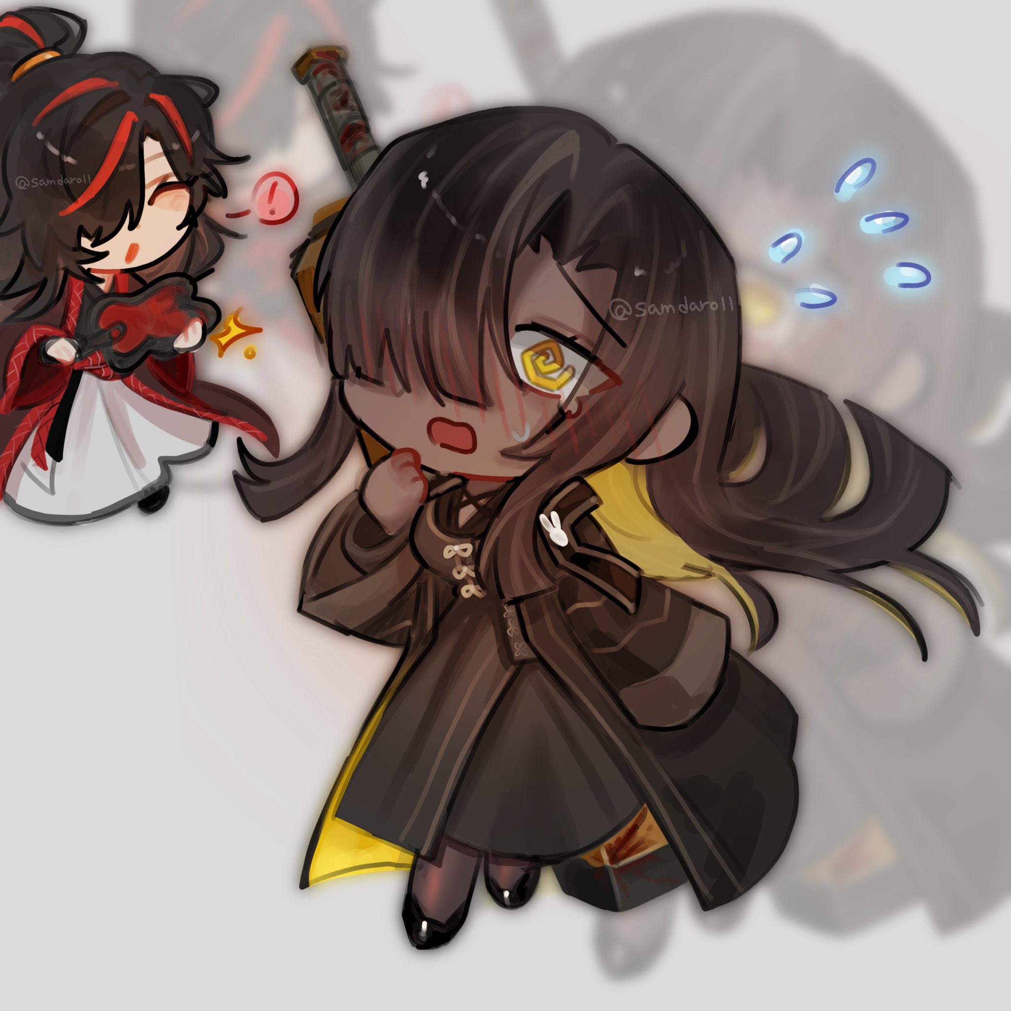 zigong (project moon), zilu (project moon), limbus company, project moon, highres, !, 2girls, @ @, black coat, black hair, black hanfu, black pantyhose, black shoes, chibi, chinese clothes, closed eyes, coat, dark-skinned female, dark skin, full body, grey background, hair bun, hair over one eye, hand fan, hanfu, holding, holding fan, long hair, long sleeves, looking at another, looking at viewer, multicolored hair, multiple girls, open mouth, pantyhose, rabbit pin, red streaks, samdaro11, shoes, simple background, standing, streaked hair, tearing up, white hanfu, yellow eyes