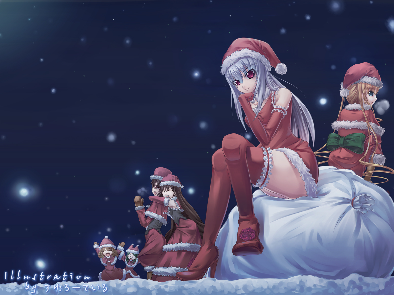 asa (swallowtail), kanaria, shinku, souseiseki, suigintou, suiseiseki, rozen maiden, highres, 00s, 5girls, christmas, multiple girls, santa costume, siblings, sisters, swallowtail, thighhighs, twins