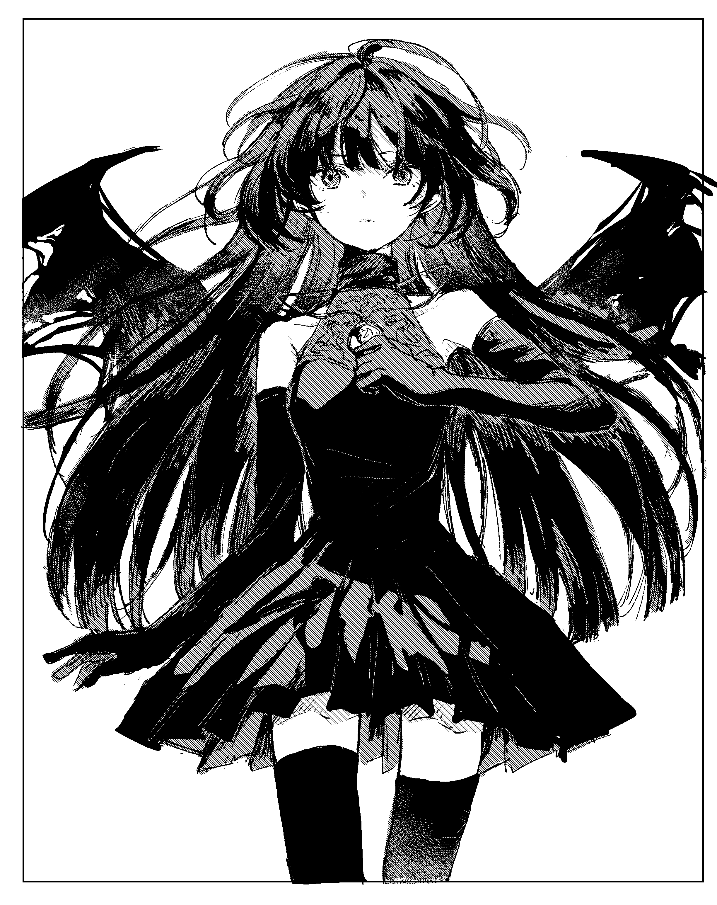 kumagai yuka, original, absurdres, highres, angel wings, bare shoulders, black dress, black gloves, black hair, black thighhighs, black wings, blunt bangs, blunt ends, dress, elbow gloves, feathered wings, gloves, greyscale, high collar, long hair, monochrome, ruri (kumagai yuka), simple background, skirt, thighhighs, white background, wings