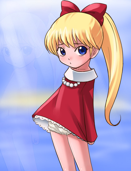 haruyama kazunori, izumi caron, chargeman ken!, knack, 1970s (style), 1girl, blonde hair, blue eyes, bow, female focus, hair bow, horizon, jewelry, loli, long hair, looking at viewer, necklace, nude, nude layer, oldschool, panties, pantyshot, pearl necklace, ponytail, retro artstyle, solo, standing, sunlight, underwear, water, zoom layer