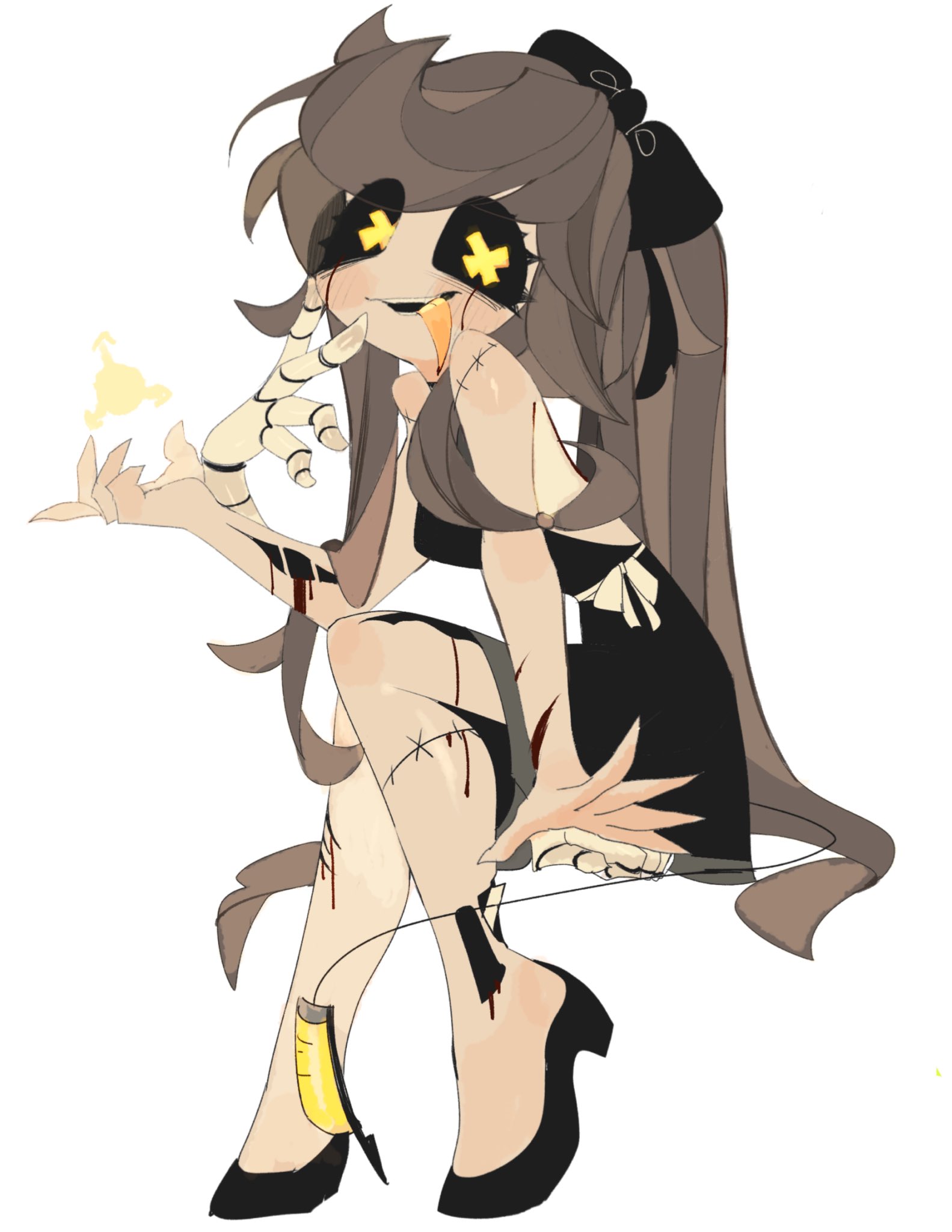 usa37107692, cyn (murder drones), murder drones, small pupils, highres, 1girl, armband, black bow, black dress, bow, collared suit, dress, extra hands, frilled vest, frills, glove cuffs, grey tongue, humanoid robot, lace-trimmed headwear, lace trim, long hair, looking at viewer, low-tied sidelocks, mechanical arms, mechanical head, open mouth, orange armband, puffy short sleeves, puffy sleeves, robot, short sleeves, sidelocks, simple background, smile, solo, vest, yellow eyes, yellow sleeve cuffs