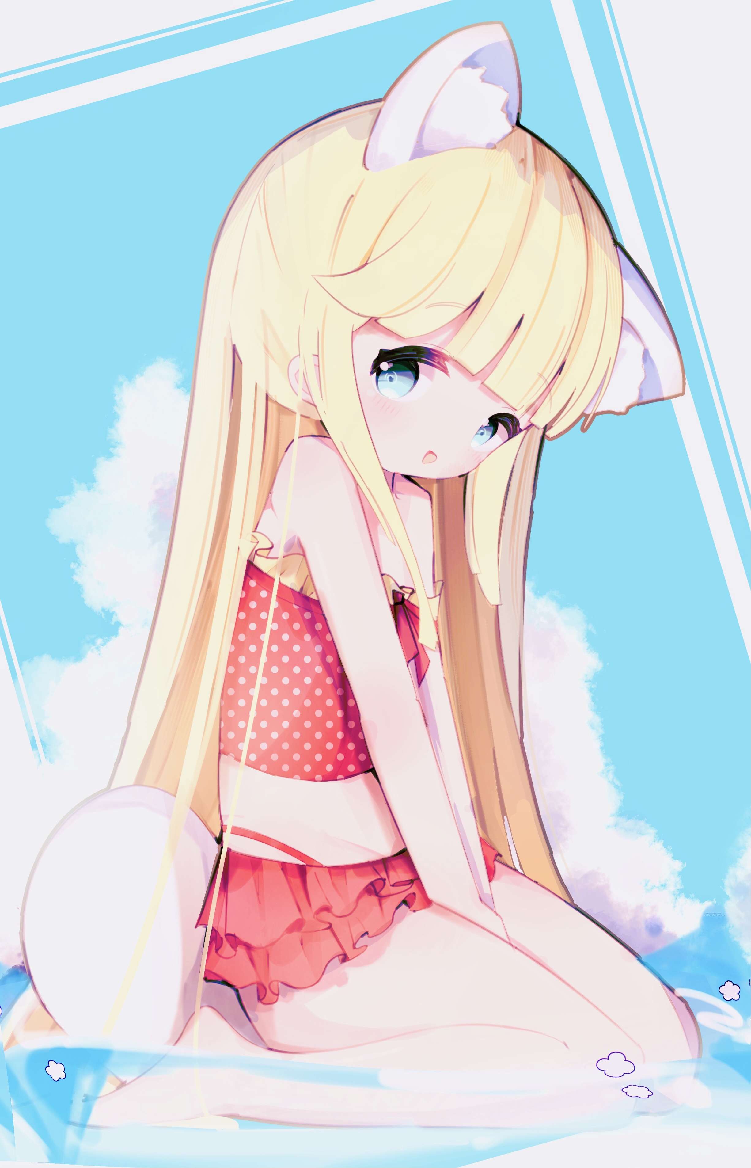 vonvondx, sobani sakurako, bemani, sound voltex, absurdres, highres, 1girl, animal ears, bikini, blonde hair, blue eyes, blush, bow, frilled bikini, frills, gradient bow, hime cut, long hair, open mouth, polka dot, polka dot bikini, ribbon, simple background, smile, solo, straight hair, swimsuit, very long hair