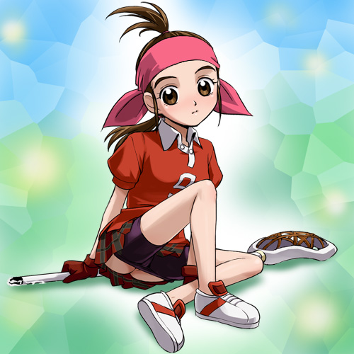 haruyama kazunori, megumi (futari wa precure), megumi (precure), futari wa precure, precure, lowres, 00s, 1girl, bike shorts, female focus, headband, lacrosse, lacrosse stick, low ponytail, plaid clothes, plaid skirt, ponytail, skirt, solo