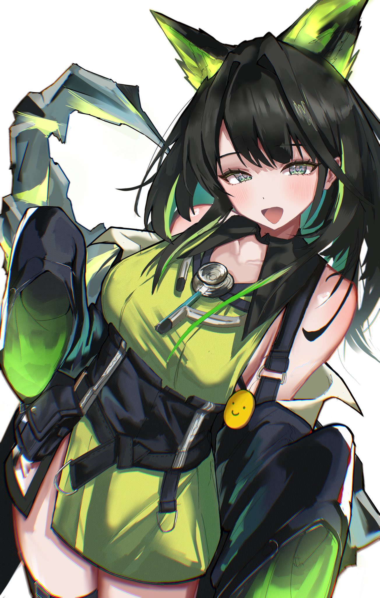 mon3tr (arknights), arknights, commentary request, highres, 1girl, :d, bare shoulders, black hair, black jacket, blush, breasts, chromatic aberration, collarbone, colored inner hair, cowboy shot, emoji, green eyes, green hair, jacket, large breasts, looking at viewer, medium hair, multicolored hair, off shoulder, open mouth, petraruruka, simple background, smile, solo, standing, white background