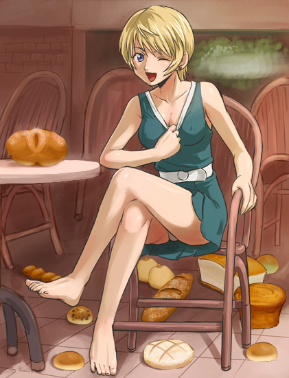 haruyama kazunori, sophie balzac kirisaki, yakitate!! japan, 00s, 1girl, :d, barefoot, blonde hair, blue eyes, bread, breasts, chair, cleavage, crossed legs, feet, female focus, food, on chair, one eye closed, open mouth, panties, pantyshot, sexually suggestive, short hair, sitting, smile, solo, underwear, what, wink