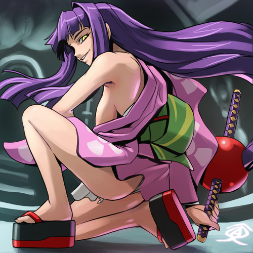 haruyama kazunori, takiyasha, original, lowres, 1girl, areola slip, black sandals, breasts, clog sandals, female focus, large breasts, ninja, nipple slip, nipples, platform sandals, sandals, solo, sword, weapon, zouri