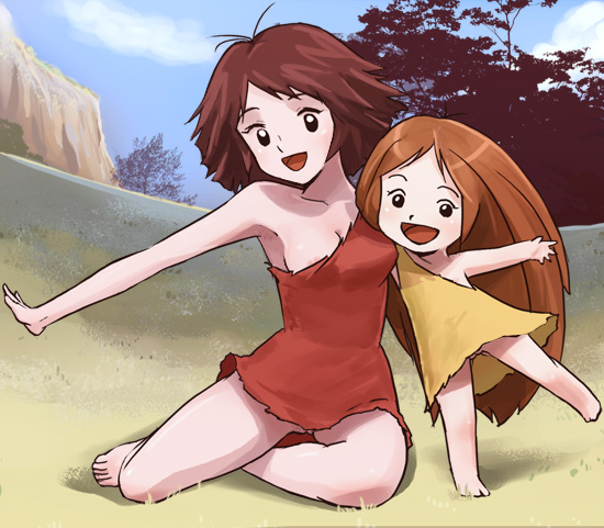 haruyama kazunori, chiru chiru, furu furu, wanpaku oomukashi kumu kumu, 1970s (style), 2girls, areola slip, armpits, bare shoulders, barefoot, breasts, brown hair, caveman, cavewoman, cloud, day, dress, feet, grass, loli, long hair, looking at viewer, medium breasts, mountain, multiple girls, nature, nipple slip, nipples, oldschool, on floor, on grass, outdoors, pussy, retro artstyle, short dress, sitting, sky, smile, toes, tree, very long hair, yokozuwari