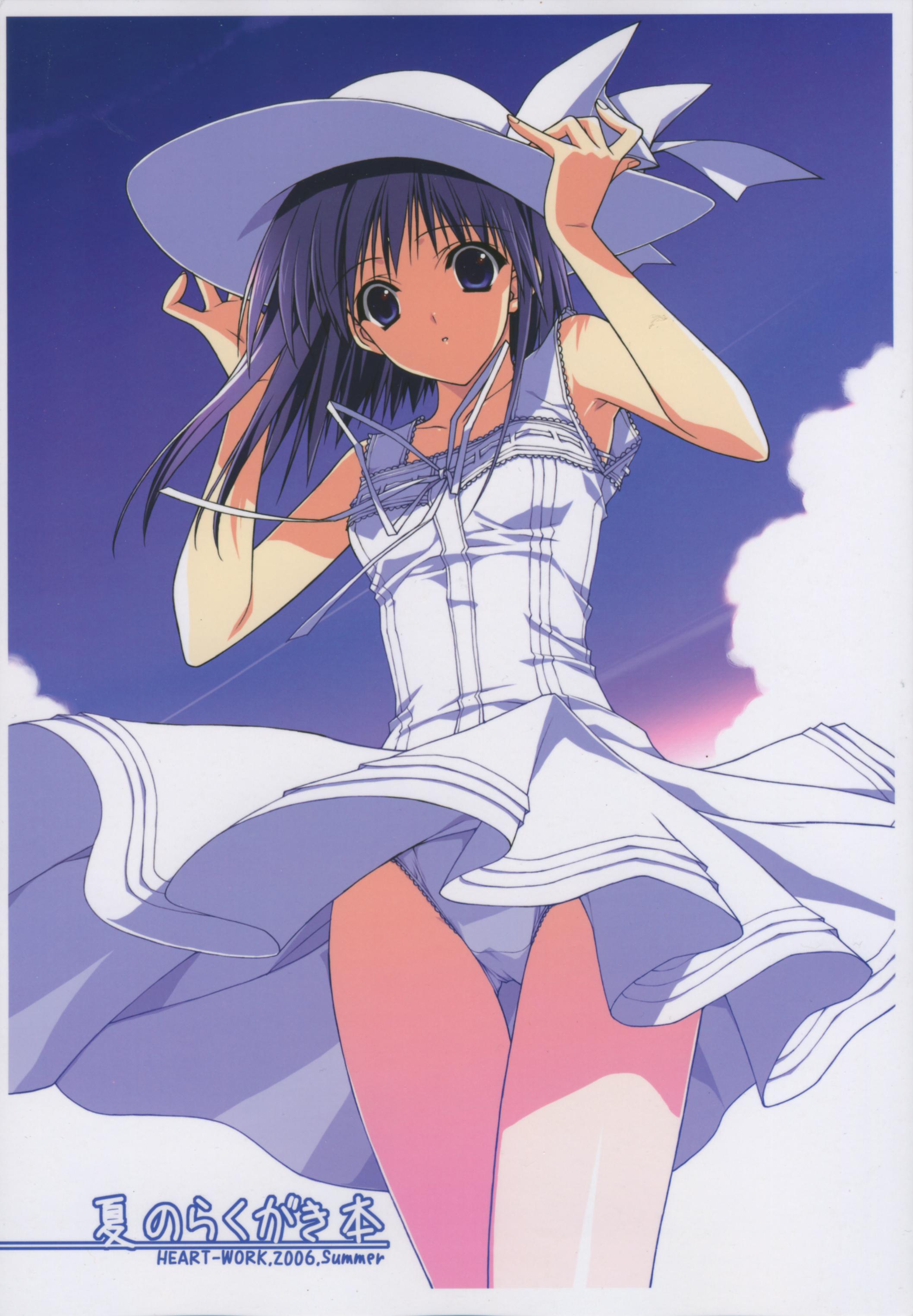 suzuhira hiro, natsuiro no sunadokei, absurdres, highres, 00s, 1girl, blue eyes, blue hair, cloud, collarbone, day, dress, female focus, hat, outdoors, panties, sky, solo, straight neck, underwear, wind, wind lift