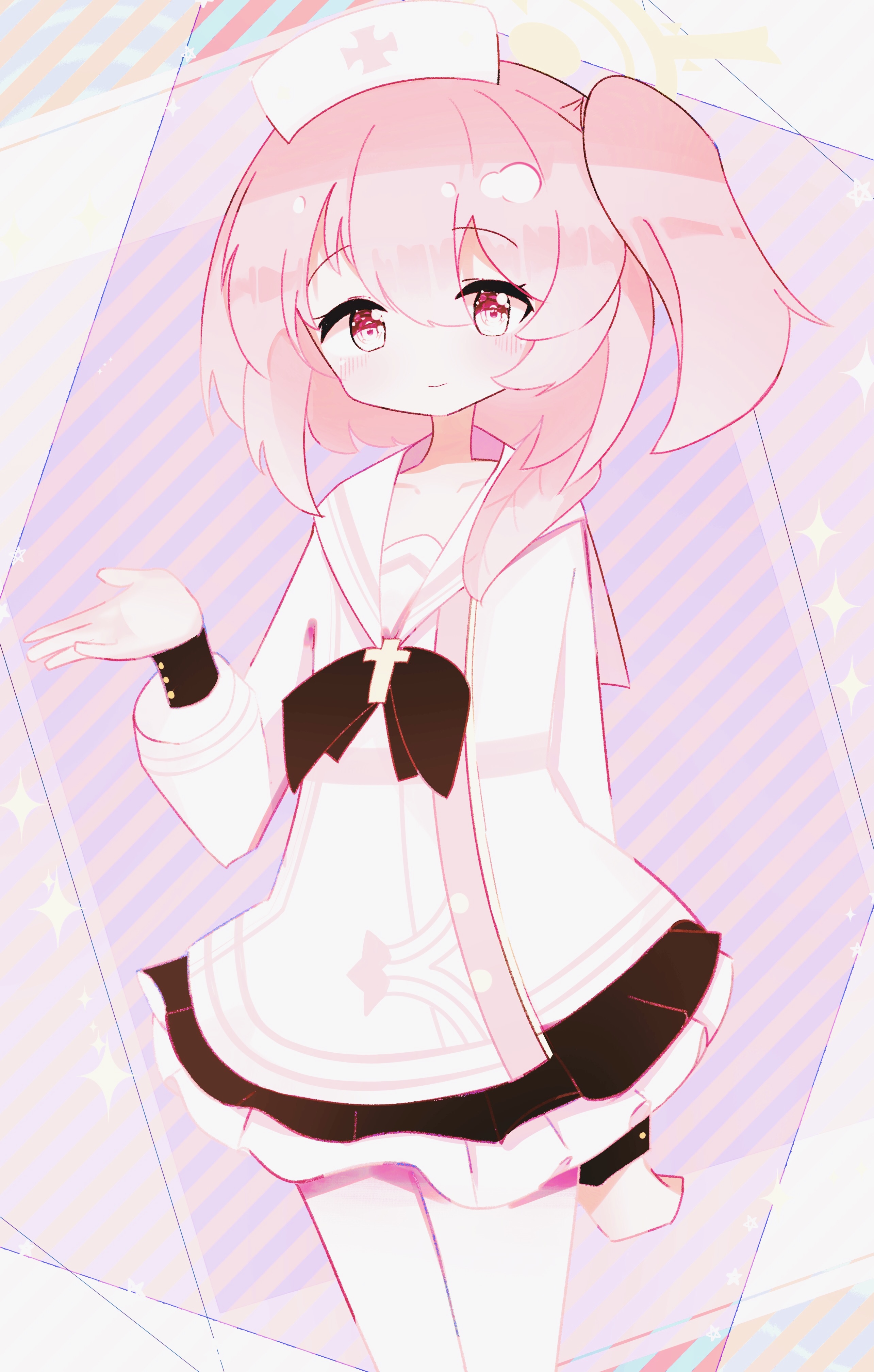 vonvondx, serina (blue archive), blue archive, absurdres, highres, 1girl, blush, dress, feather hair, hair between eyes, hair bun, halo, hat, long sleeves, looking at viewer, medium hair, nurse, nurse cap, one side up, pill hair ornament, pink eyes, pink hair, pink hat, ribbon, shirt, simple background, single side bun, smile, solo, yellow halo
