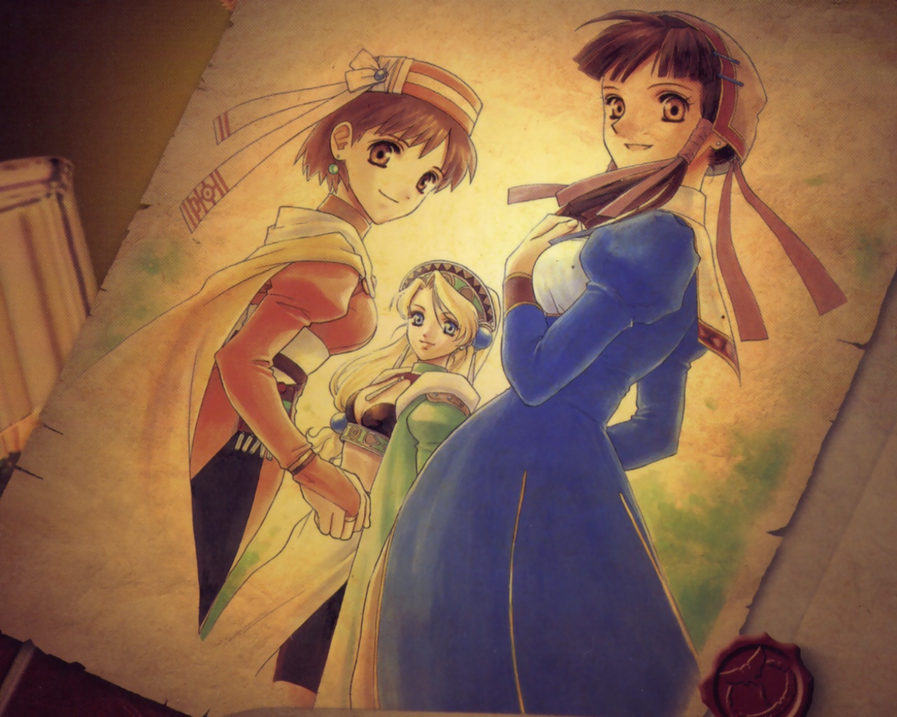 yamagata isaemon, elfir traum, lilie (atelier), marlone, atelier (series), atelier elie, atelier lilie, atelier marie, gust, black legwear, official art, official wallpaper, 1990s (style), 3girls, :d, ahoge, bike shorts, blonde hair, blue eyes, blunt bangs, breasts, bridal gauntlets, brown eyes, brown hair, cape, cleavage, crop top, crossover, dress, dutch angle, earrings, female focus, from behind, hair ornament, hair ribbon, hairband, hand on own chest, hat, jewelry, lipstick, long hair, looking at viewer, looking back, makeup, medium breasts, midriff, multiple girls, open mouth, orange hat, orange shirt, outdoors, pantyhose, parted bangs, pendant, retro artstyle, ribbon, shirt, short hair, side slit, sidelocks, smile, standing, swept bangs, turtleneck, yellow eyes