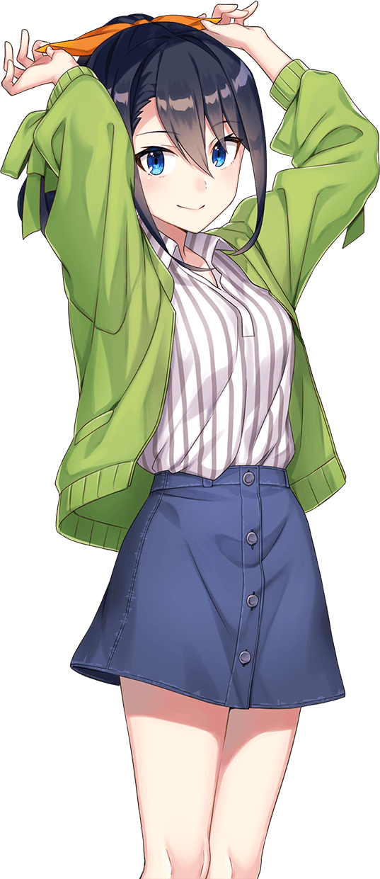 shirako miso, takatori maika, cue!, highres, official art, 1girl, arms up, black hair, blue eyes, blue skirt, breasts, closed mouth, collared shirt, cowboy shot, denim, denim skirt, green jacket, hair between eyes, jacket, large breasts, long hair, long sleeves, looking at viewer, ponytail, shirt, simple background, skirt, smile, solo, standing, striped clothes, striped shirt, tachi-e, tented shirt, transparent background, tsurime, vertical-striped clothes, vertical-striped shirt