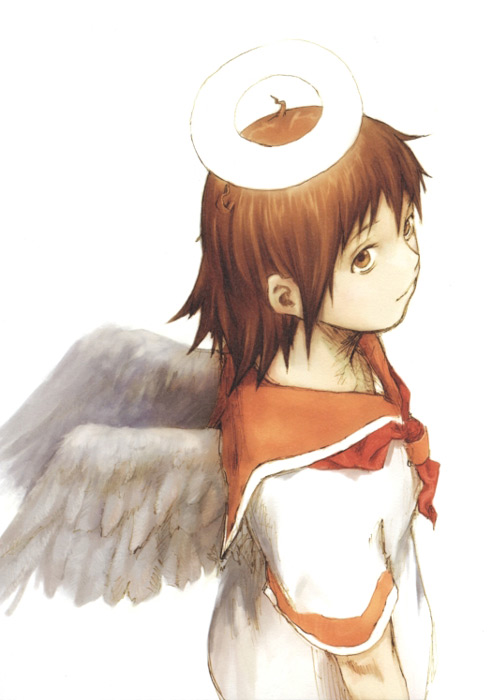 abe yoshitoshi, rakka (haibane renmei), haibane renmei, non-web source, 00s, angel, halo, solo, static cling, traditional halo, wings