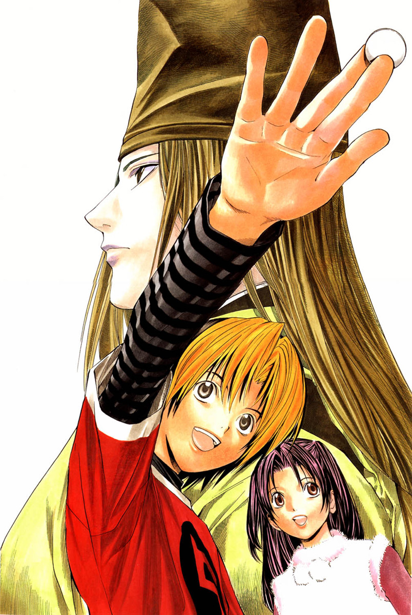 obata takeshi, fujisaki akari, fujiwara no sai, shindou hikaru, hikaru no go, highres, scan, 00s, 1girl, 2boys, happy, hat, laughing, multiple boys, tate eboshi