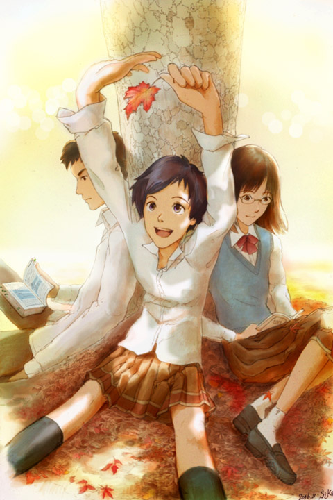 shiika sadamasa, autumn leaves, book, glasses, leaf, maple leaf, open book, reading, school uniform, serafuku, sitting, tree