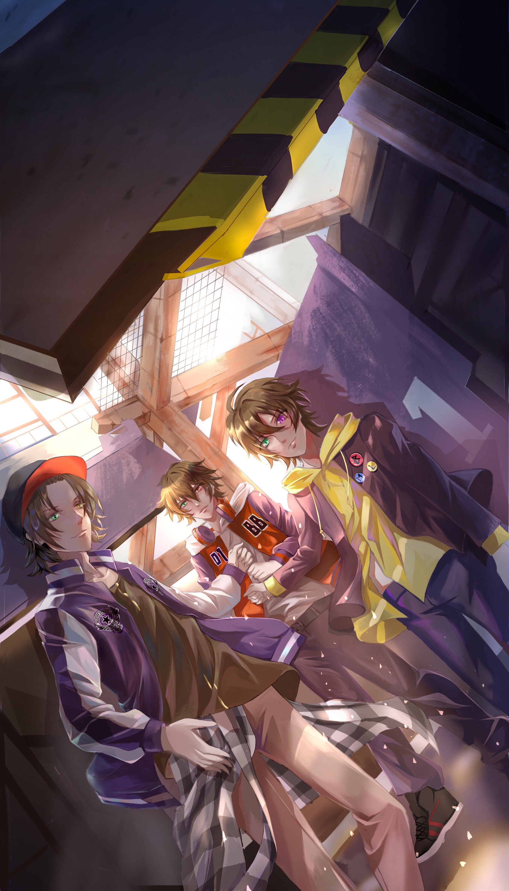 yamada ichiro, yamada jiro, yamada saburo, hypnosis mic, absurdres, highres, 3boys, against wall, ass (pixiv 39703734), baseball cap, black hat, black jacket, black pants, black shirt, blue jacket, blue sky, brothers, brown hair, brown pants, buster bros!!!, caution tape, closed mouth, clothes around waist, collared jacket, dutch angle, expressionless, full body, green eyes, grey pants, hair between eyes, hat, heterochromia, high collar, hood, hood down, hoodie, jacket, jacket around waist, jersey, light particles, male focus, multiple boys, open clothes, open jacket, outdoors, pants, parted lips, pink eyes, plaid clothes, plaid jacket, pushpin, red jacket, scaffolding, shirt, short hair, siblings, sky, smile, sweatpants, white hoodie, wide shot, yellow hoodie