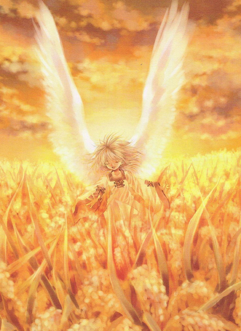 sakazaki sakura, original, highres, scan, 1girl, angel, female focus, happy, laughing, nature, outdoors, scenery, solo, surreal, wings