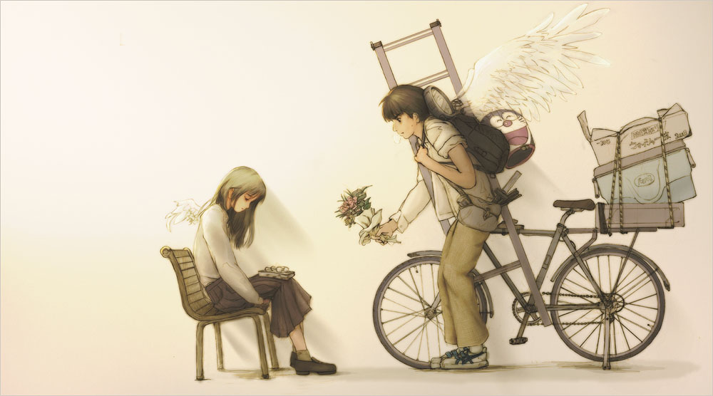 shiika sadamasa, doraemon (character), doraemon, 1boy, 1girl, angel wings, backpack, bag, bench, bicycle, black hair, bouquet, flower, long hair, randoseru, sad, sitting, skirt, wings