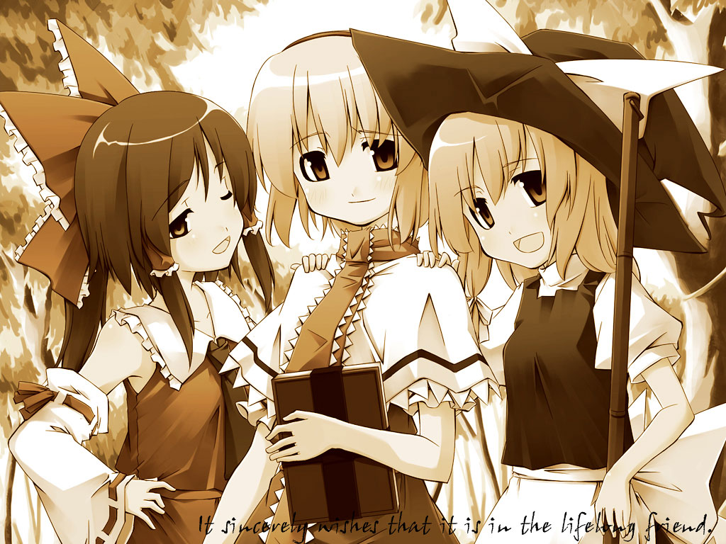 sakuraba yuuki, alice margatroid, hakurei reimu, kirisame marisa, touhou, 3girls, bare shoulders, blonde hair, book, bow, broom, capelet, collarbone, english text, engrish text, female focus, hair bow, hair tubes, hat, long hair, looking at viewer, monochrome, multiple girls, nontraditional miko, one eye closed, ranguage, short hair, tree, wide sleeves, witch, witch hat