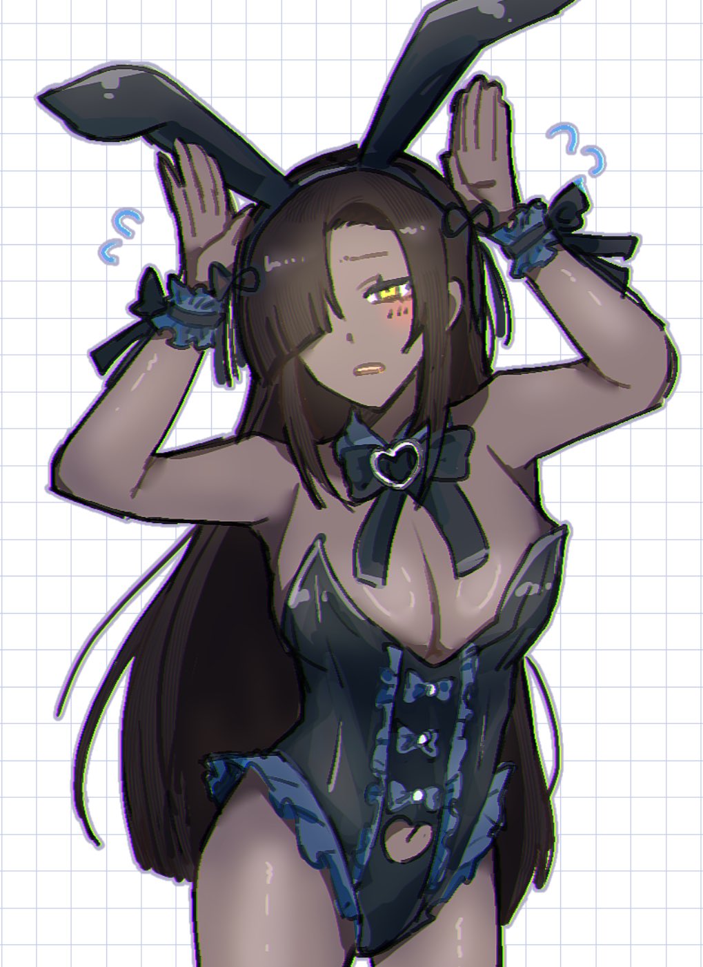 zilu (project moon), limbus company, project moon, highres, 0 666, 1girl, animal ear hairband, animal ears, black bow, black bowtie, black hair, black leotard, black ribbon, blush, bow, bowtie, breasts, cleavage, clothing cutout, dark-skinned female, dark skin, detached collar, fake animal ears, hair over one eye, hairband, large breasts, leotard, long hair, looking at viewer, navel cutout, playboy bunny, rabbit ear hairband, rabbit ears, ribbon, simple background, solo, standing, strapless, strapless leotard, upper body, white background, wrist cuffs, yellow eyes