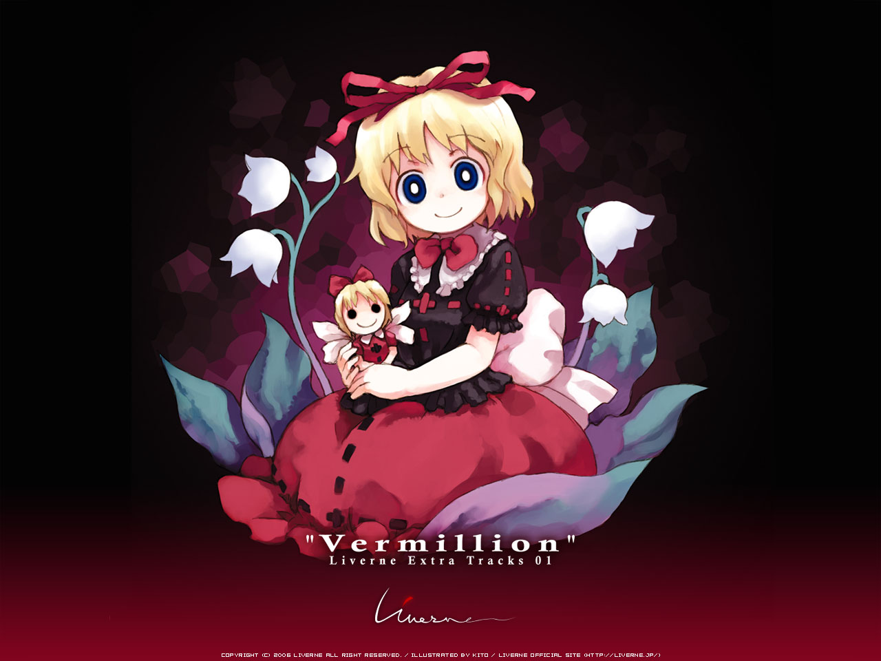 kito (sorahate), medicine melancholy, su-san, touhou, non-web source, 1girl, album cover, blonde hair, blue eyes, bow, bubble skirt, cover, dress, female focus, flower, hair ribbon, lily of the valley, ribbon, short hair, skirt, smile, solo