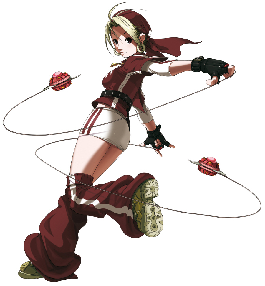 falcoon, malin (kof), snk, the king of fighters, the king of fighters 2003, blade, striped, official art, 1girl, antenna hair, bandana, belt, blonde hair, dual wielding, earrings, female focus, fingerless gloves, from behind, full body, gloves, holding, hoop earrings, jewelry, leg up, looking back, m/, miniskirt, necklace, pencil skirt, pendant, shoe soles, shoes, short hair, simple background, skirt, smile, sneakers, solo, standing, standing on one leg, thighhighs, weapon, yo-yo