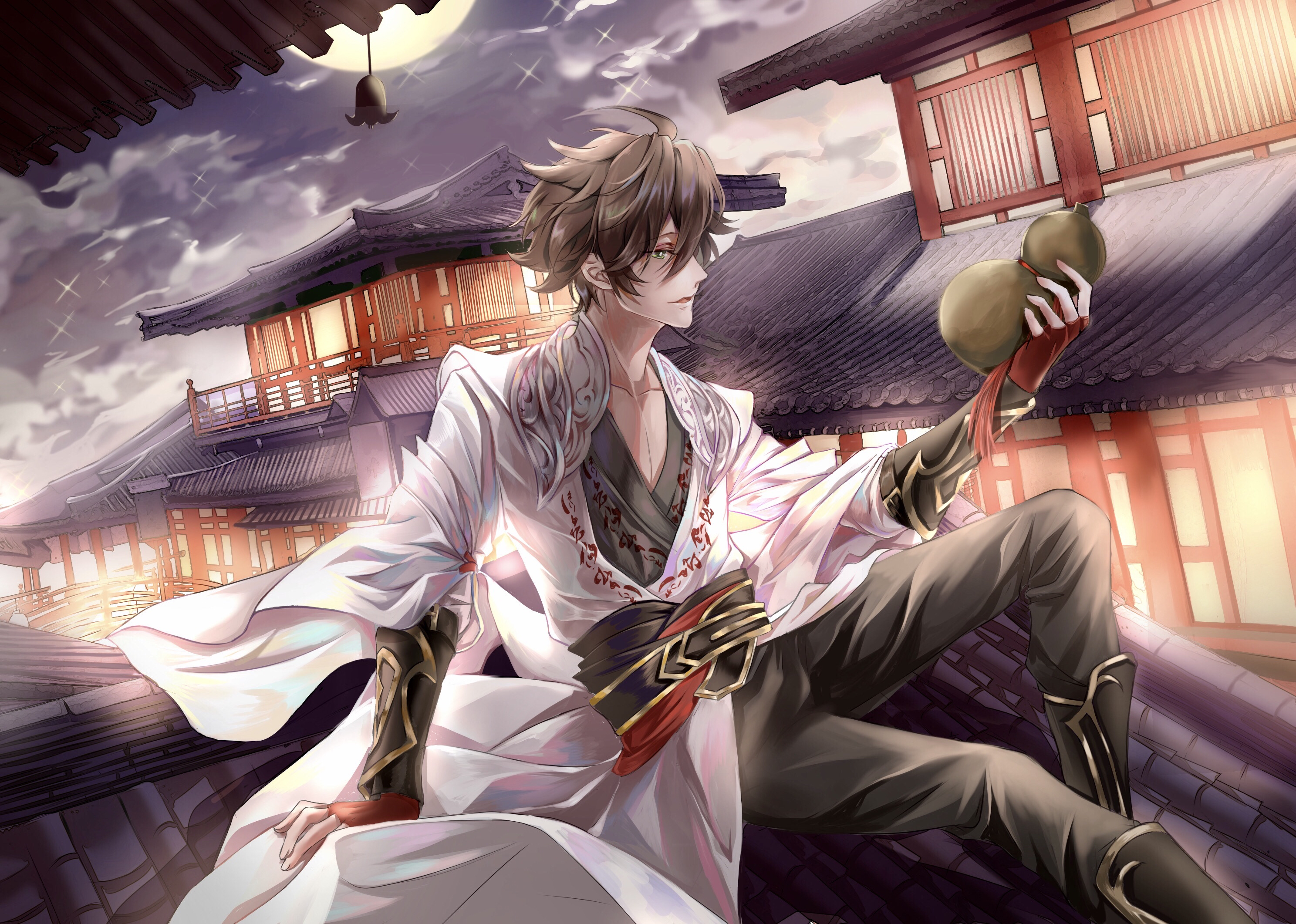 li bai (wangzhe rongyao), wangzhe rongyao, highres, 1boy, architecture, ass (pixiv 39703734), black boots, black pants, boots, bracer, brown hair, chinese clothes, cloud, collarbone, east asian architecture, feet out of frame, fingerless gloves, floating clothes, floating hair, full moon, gloves, gourd, grey shirt, hair between eyes, hanfu, holding, holding gourd, knee up, long sleeves, looking at object, male focus, messy hair, moon, night, night sky, on roof, open mouth, outdoors, pants, pectoral cleavage, pectorals, pointy nose, red gloves, shirt, short hair, sitting, sky, slit pupils, solo, sparkle, town, white eyes, white hanfu, wide sleeves, wind, wind chime