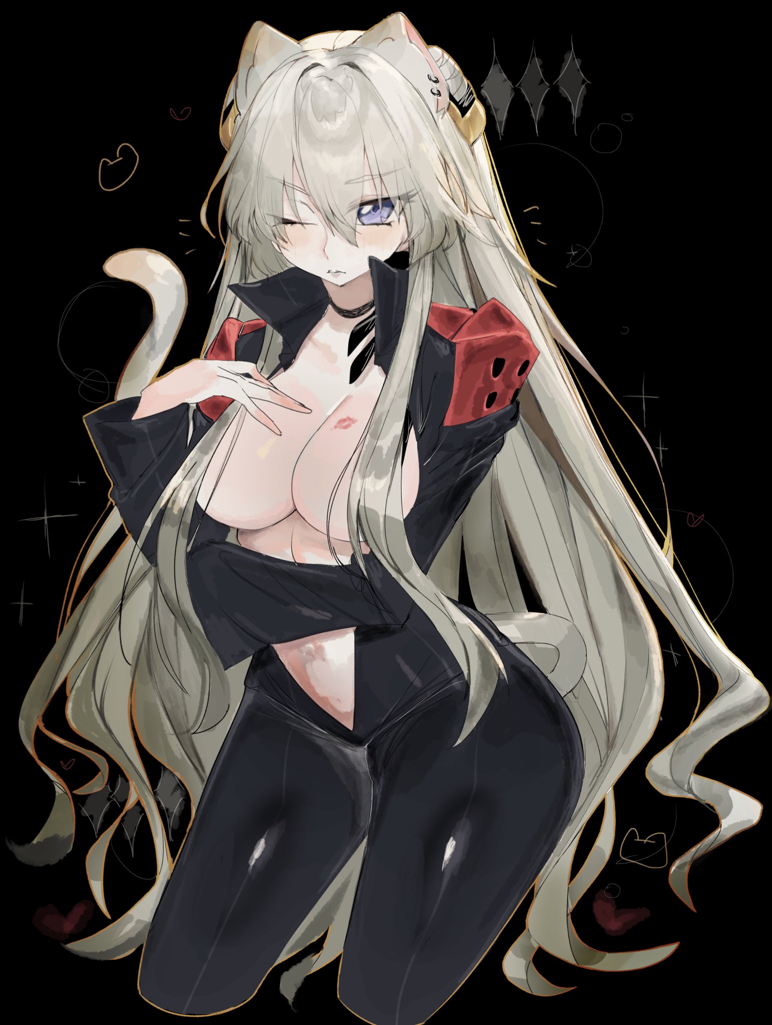 usa37107692, leila malcal, code geass, highres, 1girl, alternate species, animal ears, black choker, blonde hair, blue eyes, blush, bodysuit, breasts, cat ears, cat girl, cat tail, choker, cleavage, cone hair bun, earrings, hair bun, hair ornament, jewelry, large breasts, lipstick mark, long hair, looking at viewer, open clothes, purple eyes, solo, tail, thighhighs, very long hair